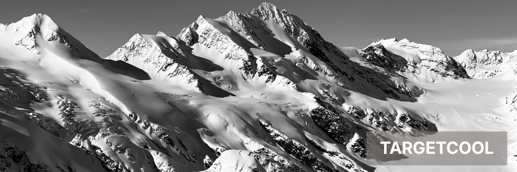Snow-covered mountain range under a cloudy sky with a Targetcool logo in the lower right.