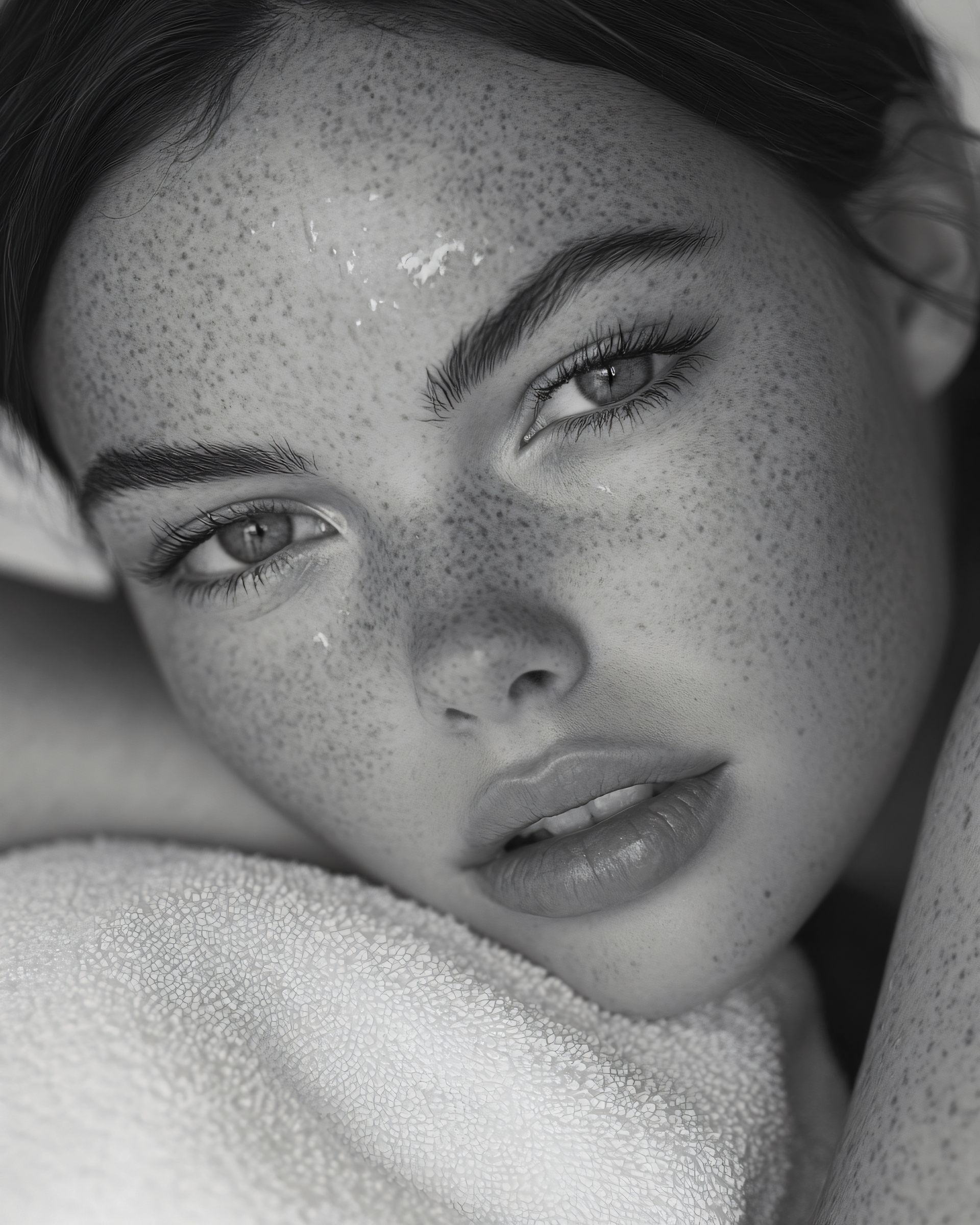 Close-up black-and-white portrait of a freckled face with glossy lips, resting on a soft fabric.