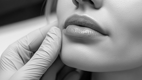 Gloved hand gently examines a person’s lips and chin in close-up black-and-white.