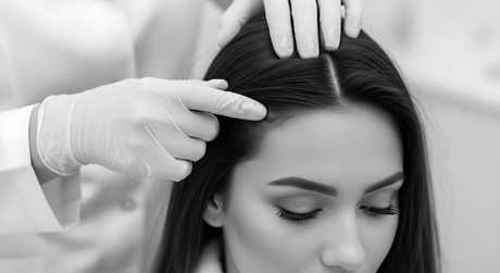Gloved hands part a woman's dark hair to examine her scalp in a clinical setting