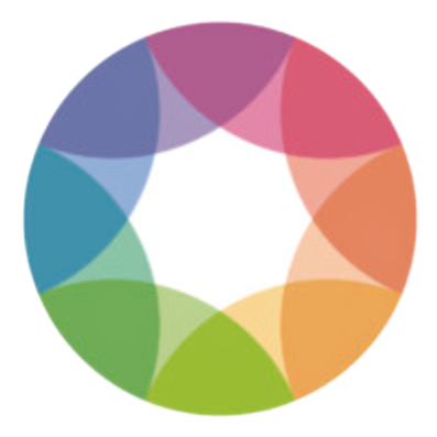 Colorful circular logo made of overlapping translucent petals around a white center