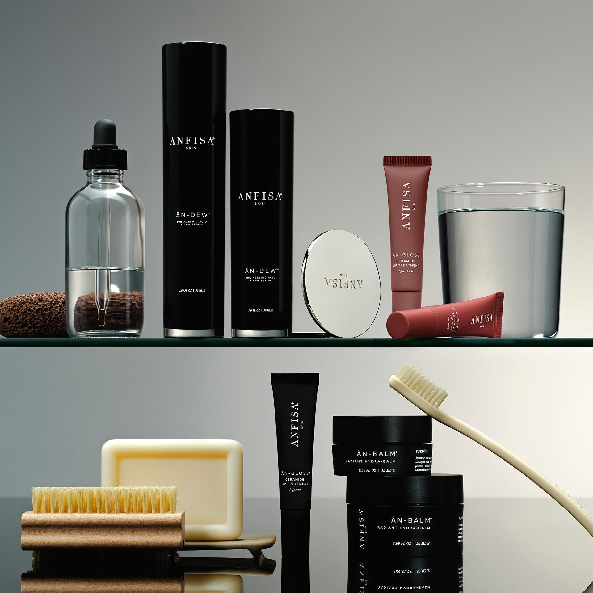 Assorted skincare and grooming products on shelves, including bottles, tubes, bars, and brushes in neutral tones