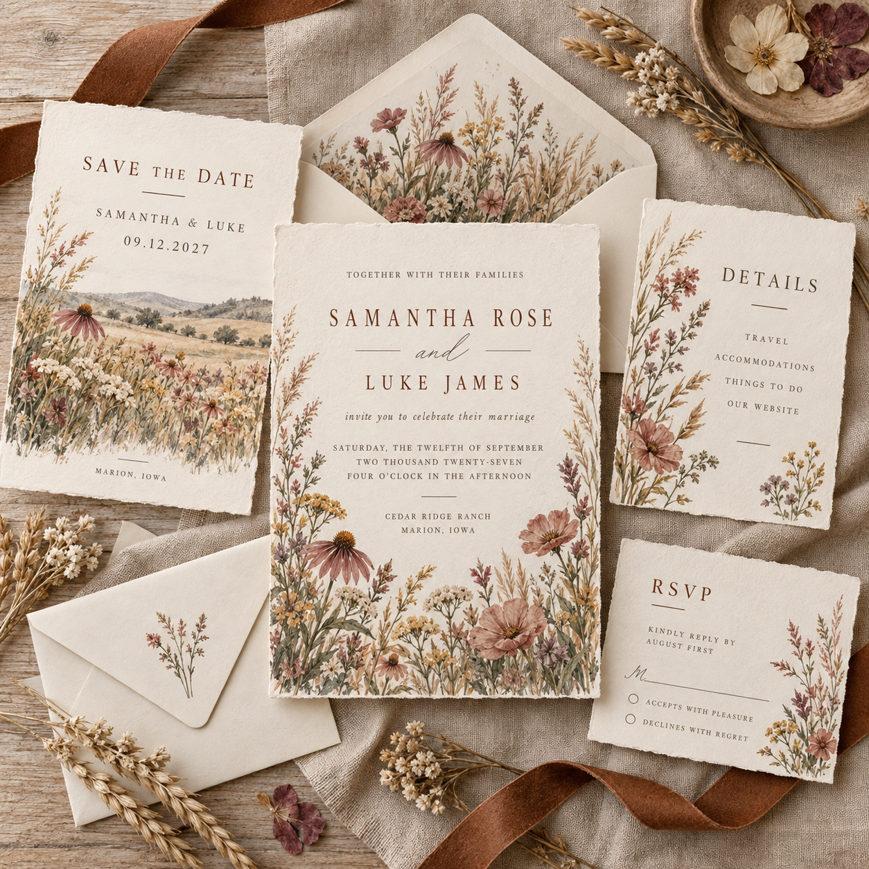 Rustic western wildflower wedding invitation suite