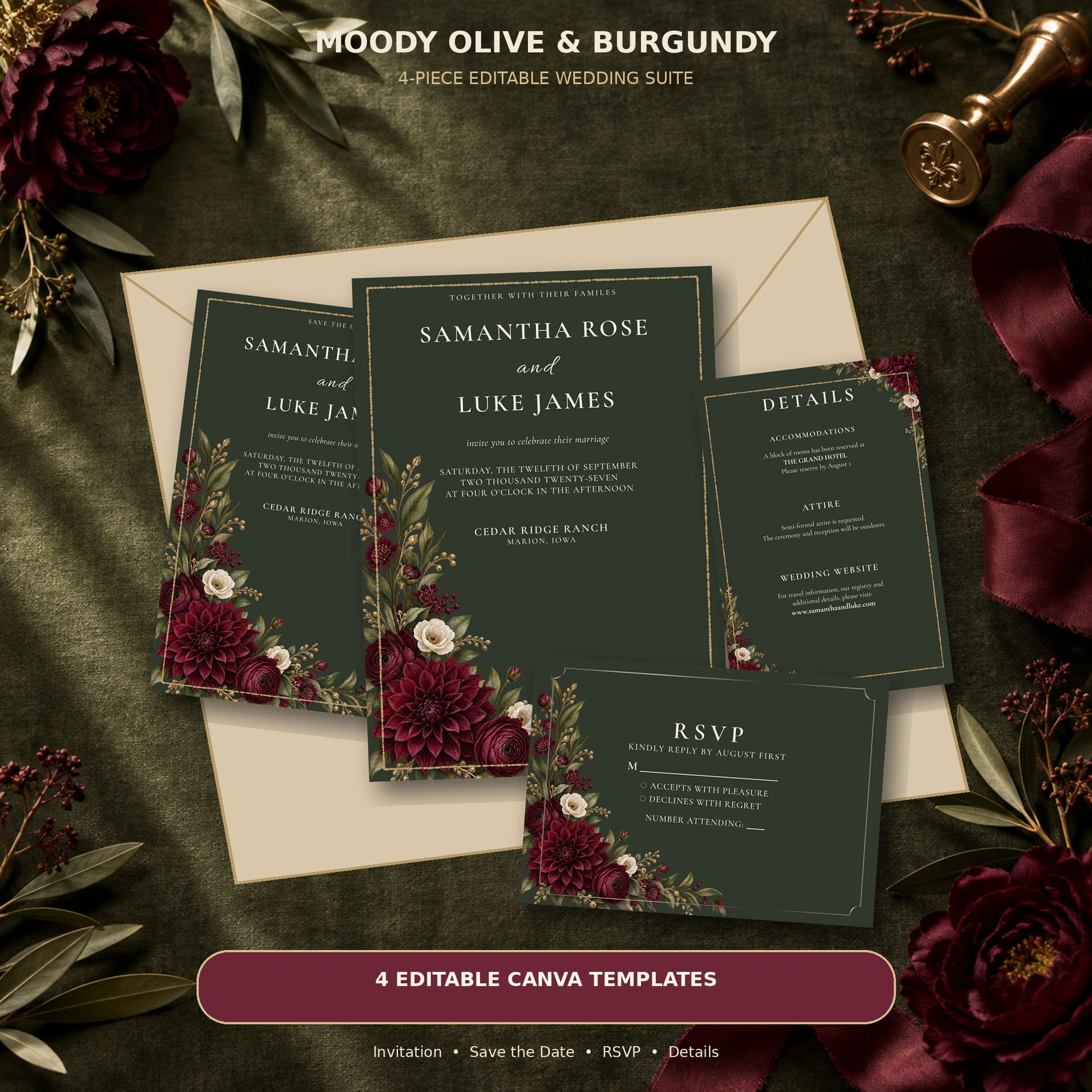 Moody olive and burgundy wedding invitation suite