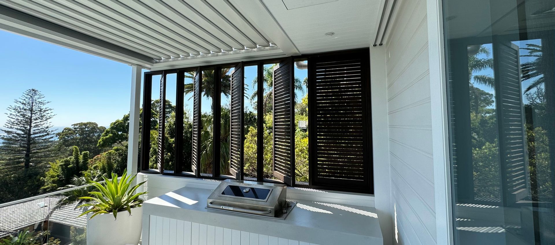 Modern Patio With Black Shutters, White Bench — Fineworx Joinery in Warnervale, NSW