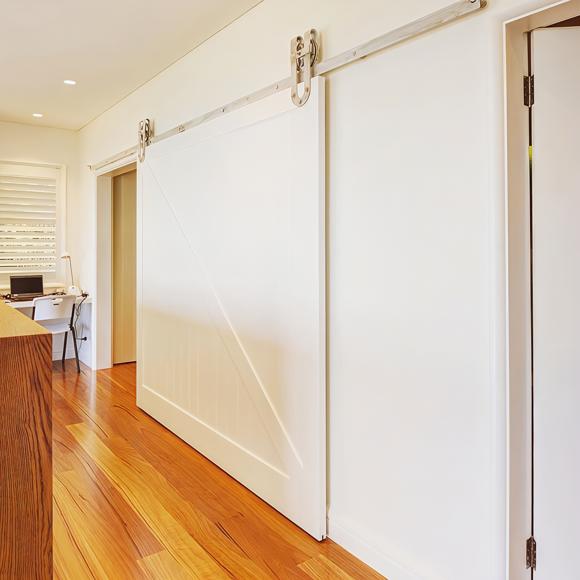 Bright Hallway with A Large White Sliding Barn Door and Polished Wooden Floor — Fineworx Joinery in Nambucca Heads, NSW