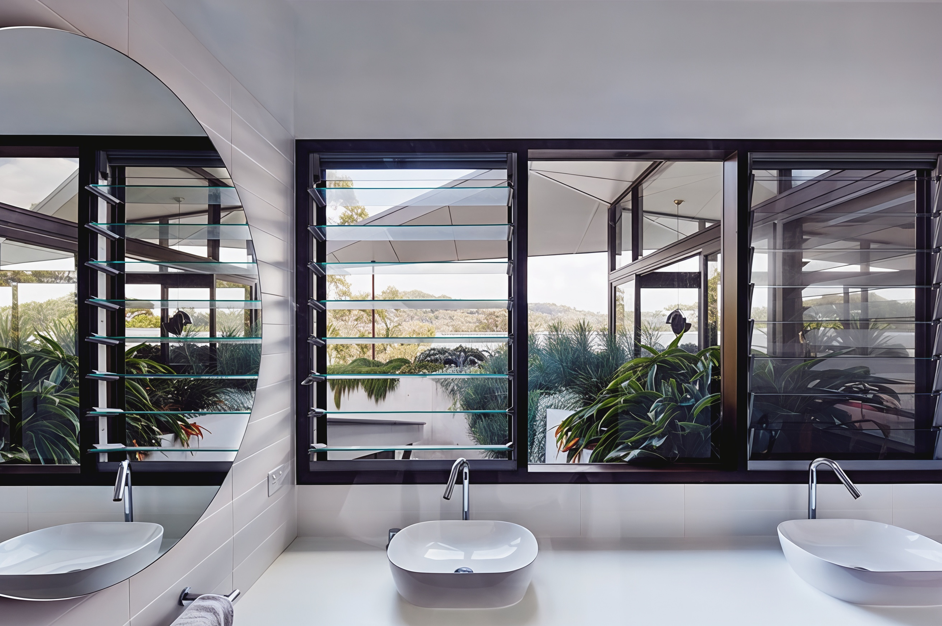 Modern bathroom with three sinks, black-framed windows, and lush plants outside and inside — Fineworx Joinery in Warnervale, NSW