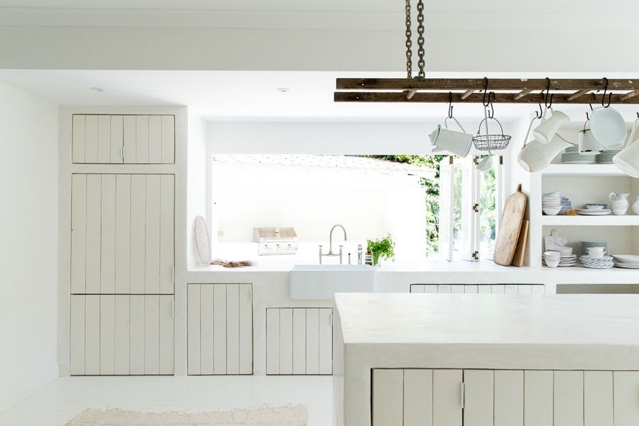 Bright White Modern Kitchen with Large Window and Open Shelving — Fineworx Joinery in Warnervale, NSW