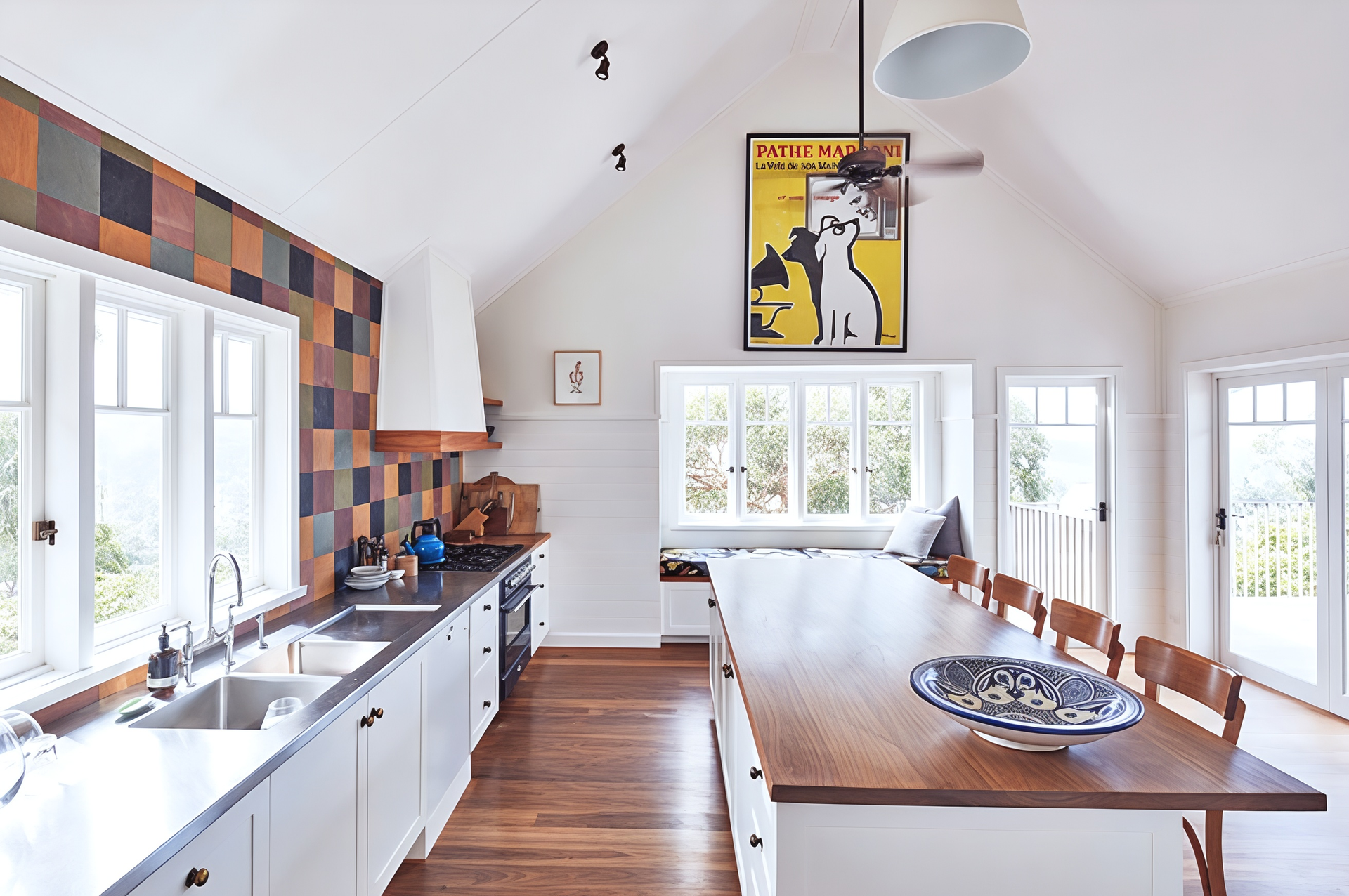 Bright Modern Kitchen with Wood Island Table and Colourful Tiled Backsplash — Fineworx Joinery in Warnervale, NSW