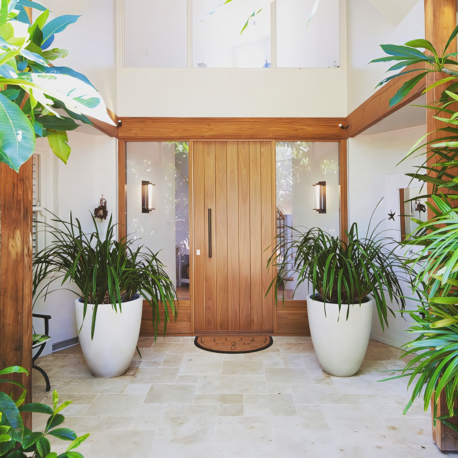 Modern home entryway with wooden double doors, white planters, and lush green plants. — Fineworx Joinery in Warnervale, NSW