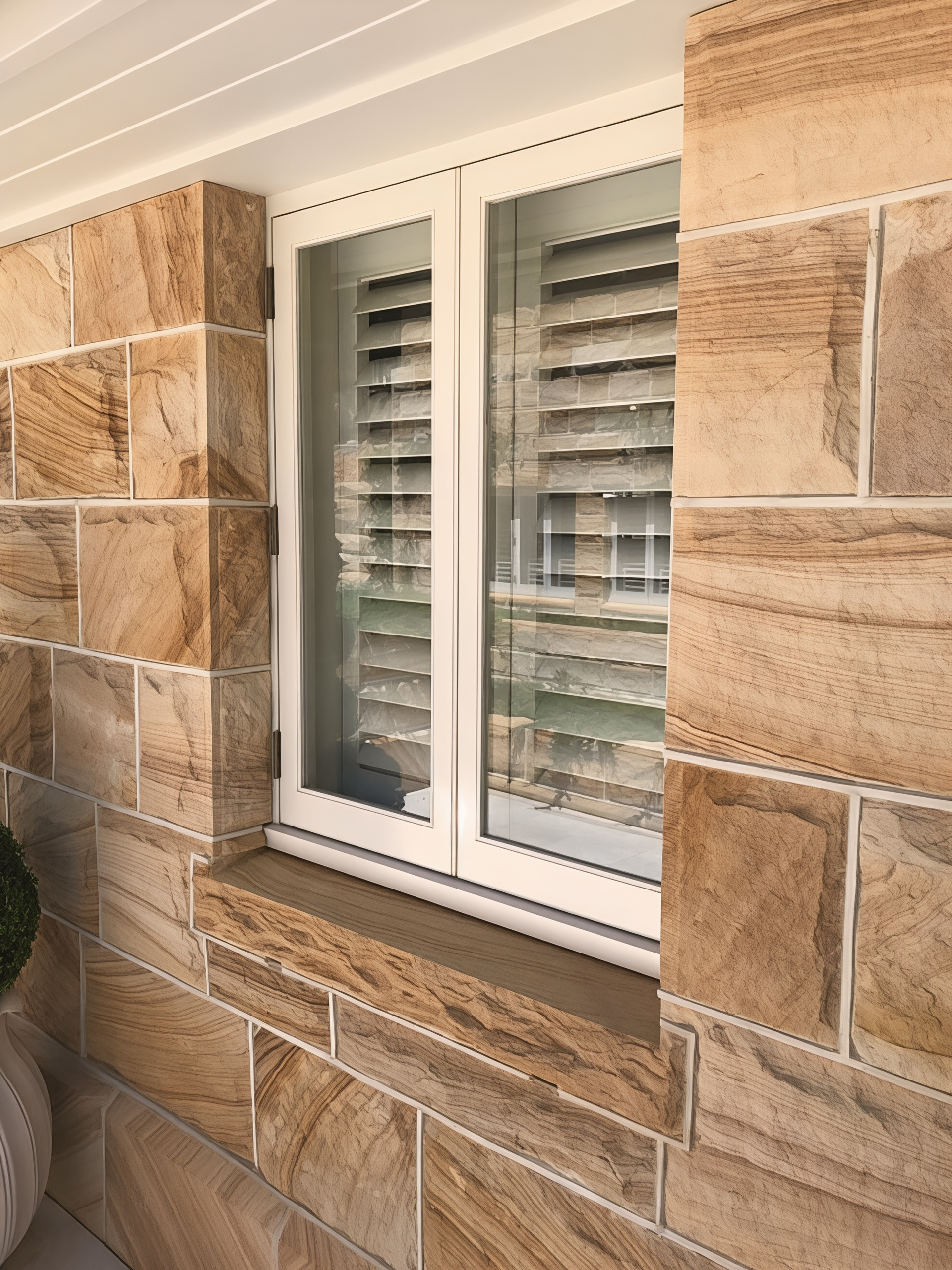 White Window with Shutters Set in A Tan Stone Wall Exterior — Fineworx Joinery in Warnervale, NSW