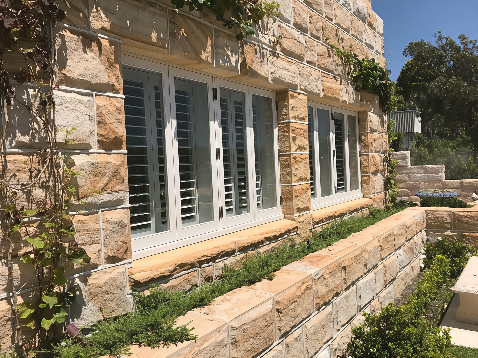 Stone House Exterior with White Shutters and A Sunlit Garden Wall — Fineworx Joinery in Warnervale, NSW