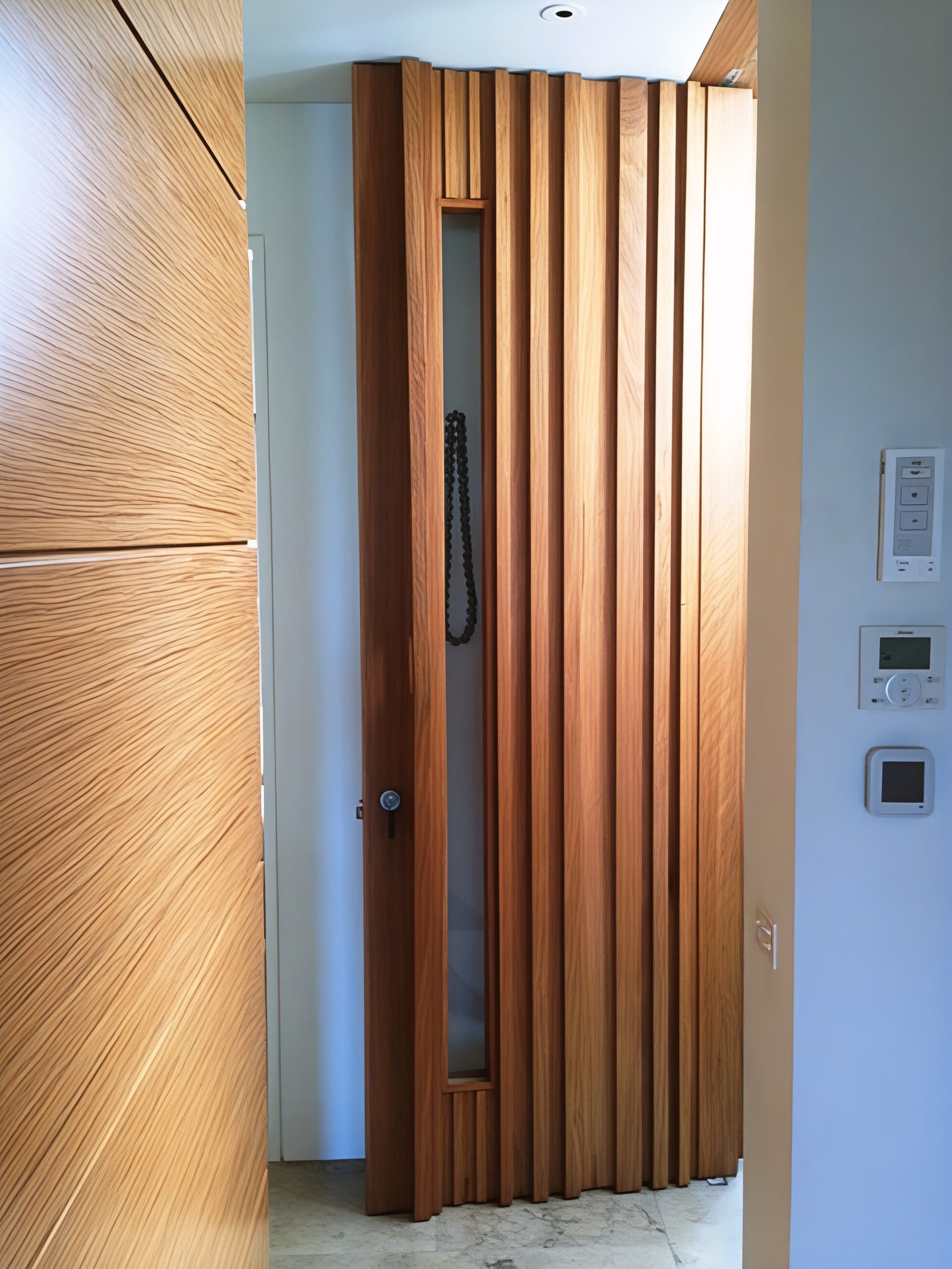 Wooden slatted door partially open in a modern hallway, with a wall control panel beside it. — Fineworx Joinery in Warnervale, NSW
