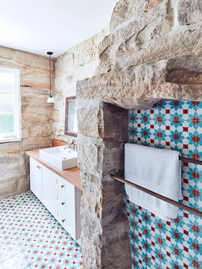 Stone Bathroom with Colorful Patterned Tile Wall — Fineworx Joinery in Warnervale, NSW