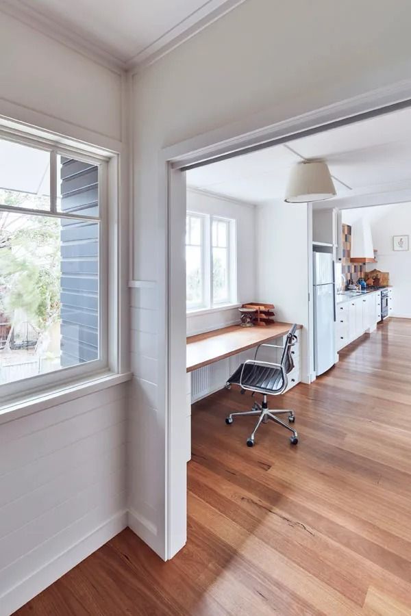 Bright Home Office with Wood Floors then White Walls and Desk by Windows — Fineworx Joinery in Warnervale, NSW