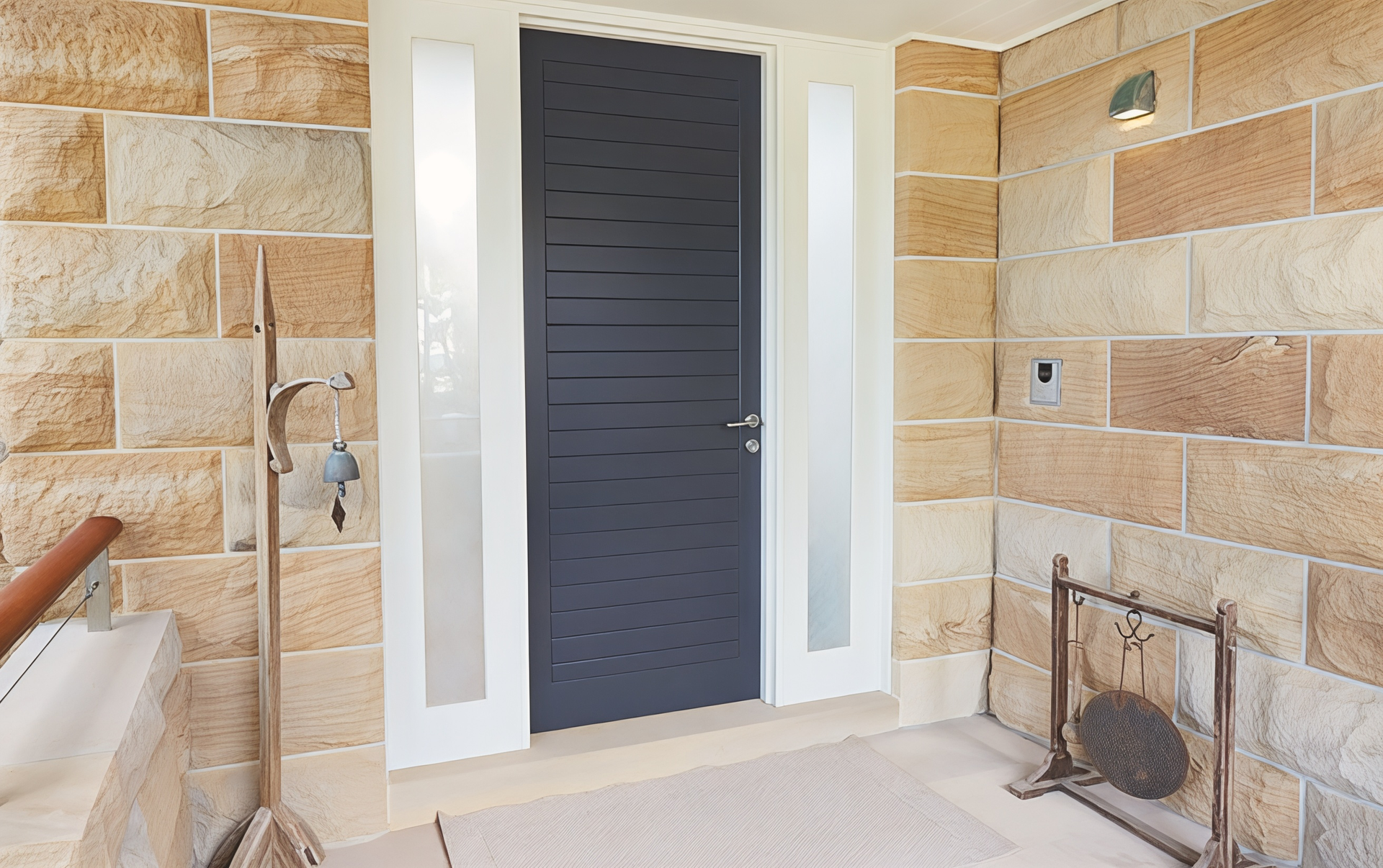 Modern Front Door with Stone Walls and Side Glass Panels in A Covered Entryway — Fineworx Joinery in Hunter Valley, NSW
