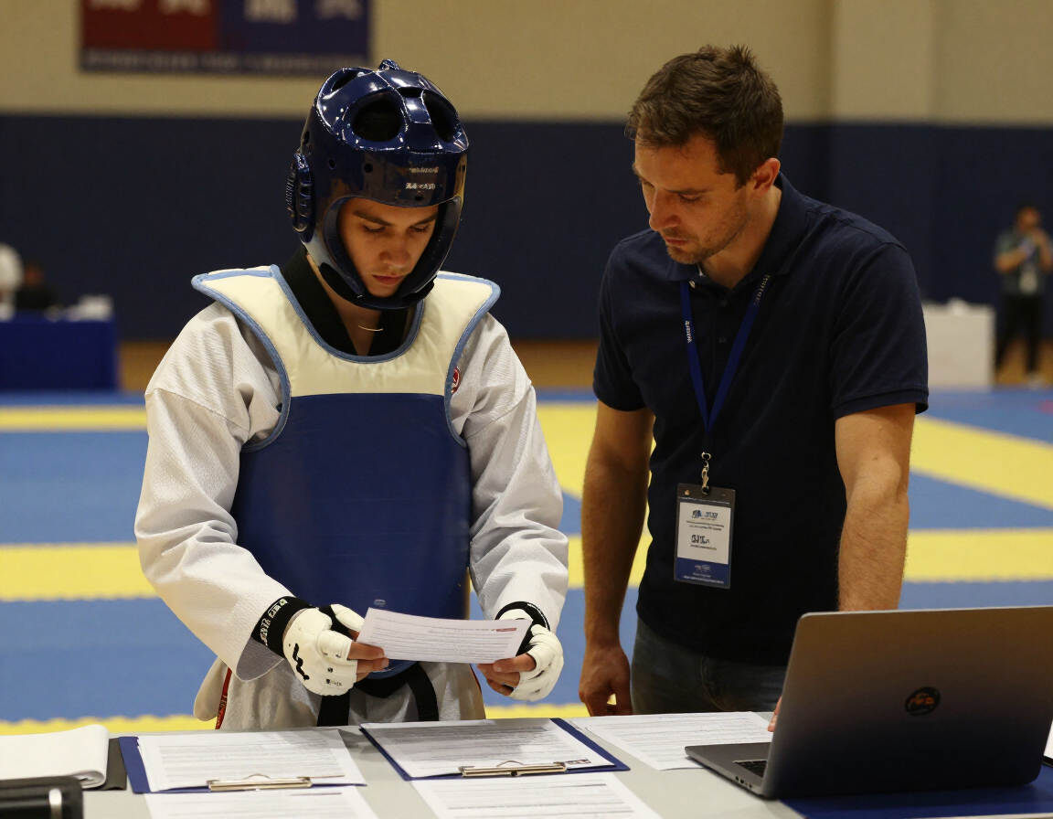 Taekwondo athlete in sparring gear checking in at a tournament registration table with a coach