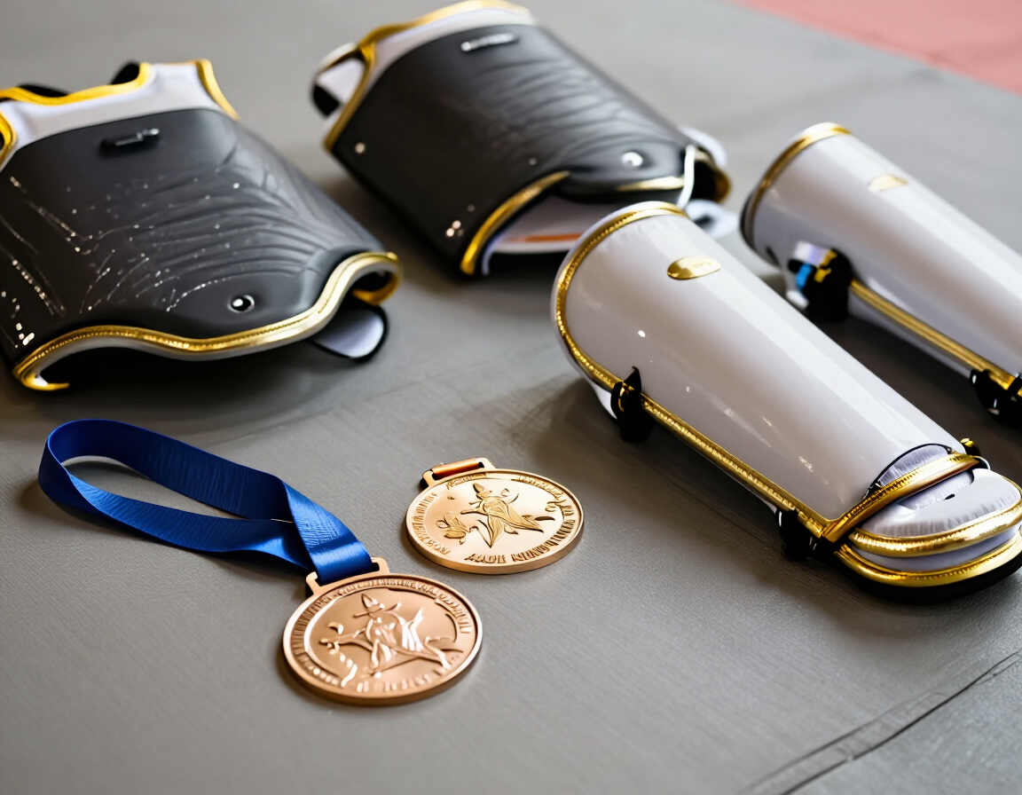 Competition medal and gold-trimmed gear