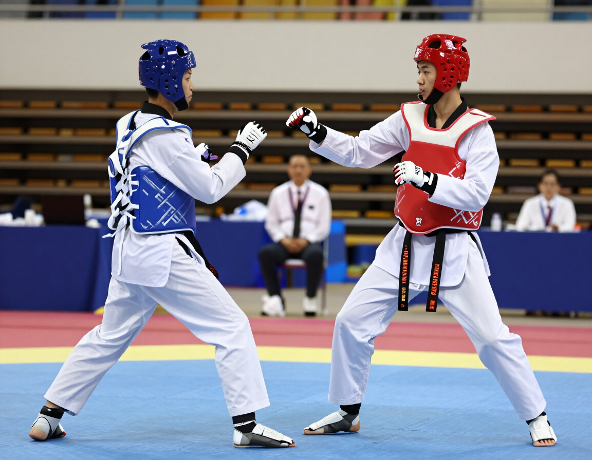 Taekwondo athletes sparring at a tournament