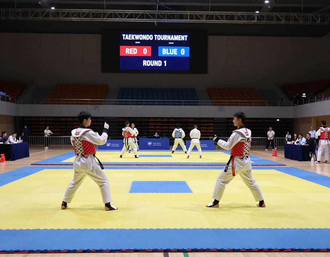 Tournament arena with athletes warming up