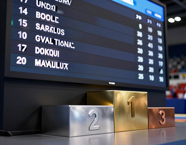 Tournament scoreboard and medal podium