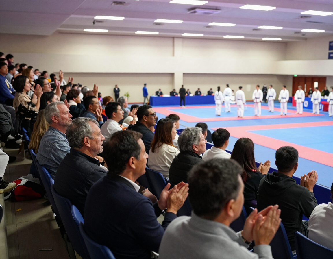 Crowd cheering at a taekwondo tournament