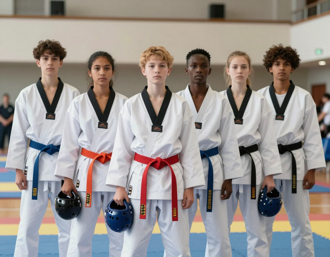 Young Taekwondo athletes in team uniforms