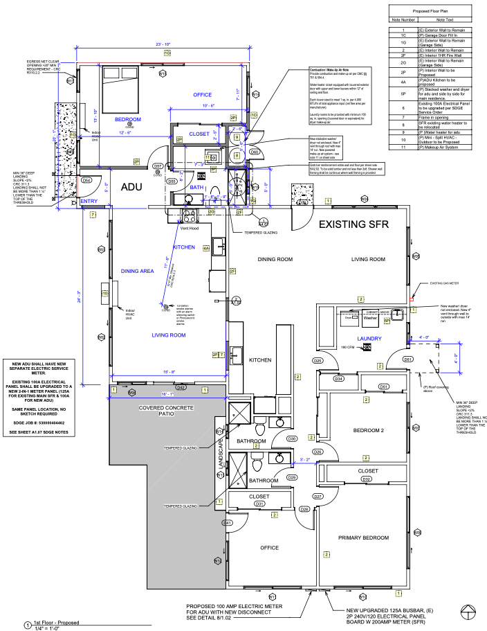 Detailed black-and-white architectural floor plan with room labels, dimensions, and annotations