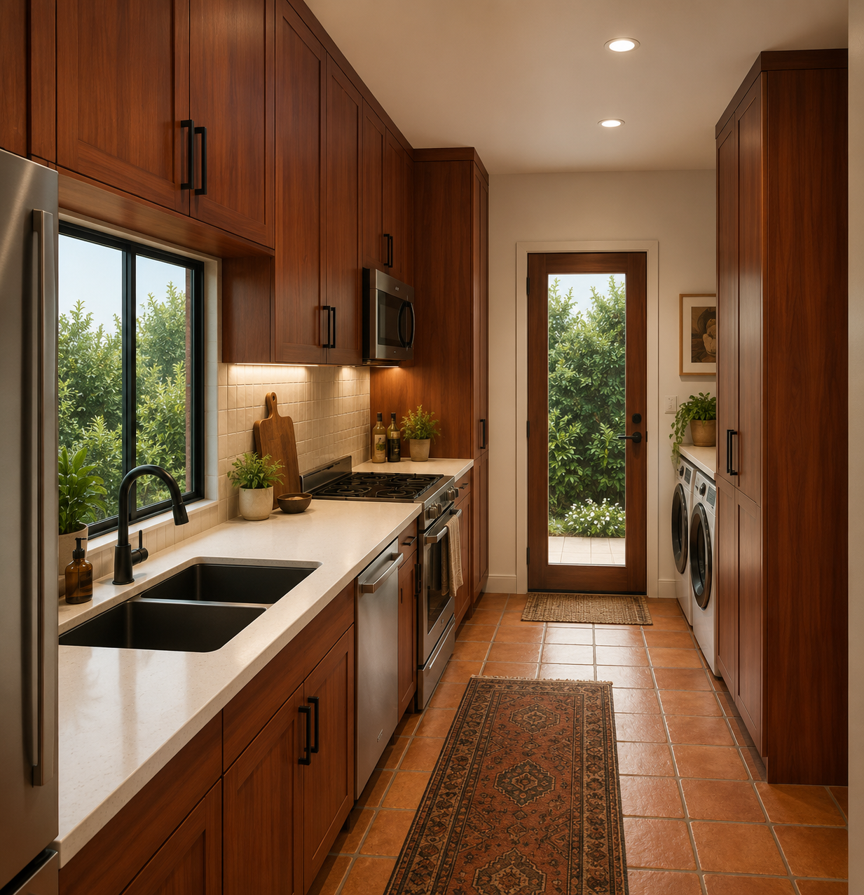 Warm wood kitchen with terracotta tile floor, long counters, large window, and garden view through glass door