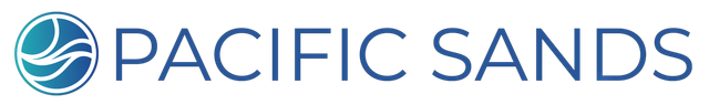 Pacific Sands logo with blue wave icon and navy text