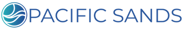 Pacific Sands logo with blue wave icon and gray text on white background