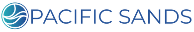 Pacific Sands logo with blue wave icon and gray text on white background