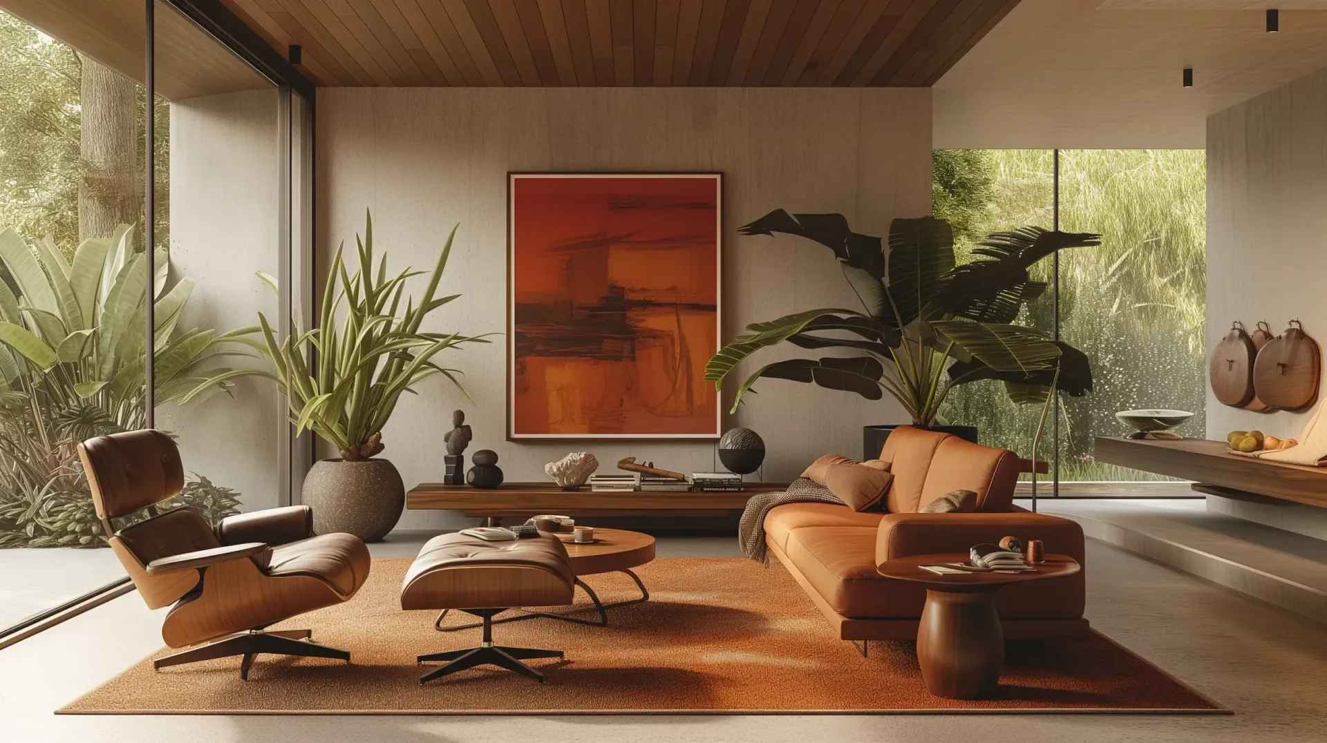 A living room with a couch, chair, table and plants.