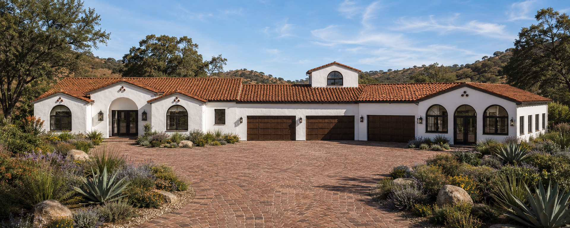 White stucco Spanish-style house with red tile roof, arched windows, and desert landscaping