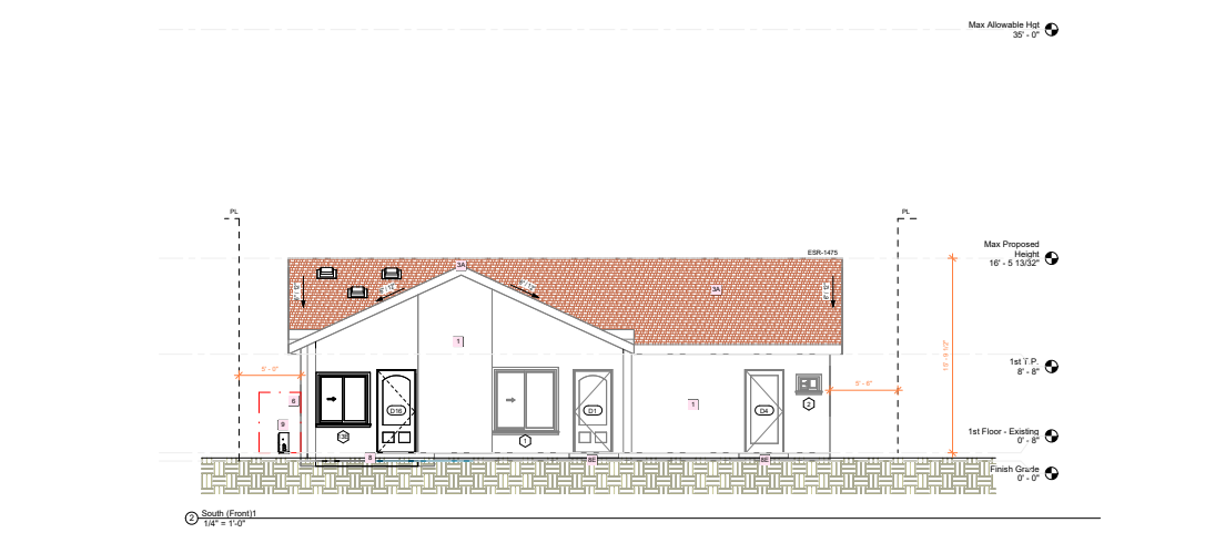 Side elevation drawing of a small house with a red-tiled roof and labeled dimensions.
