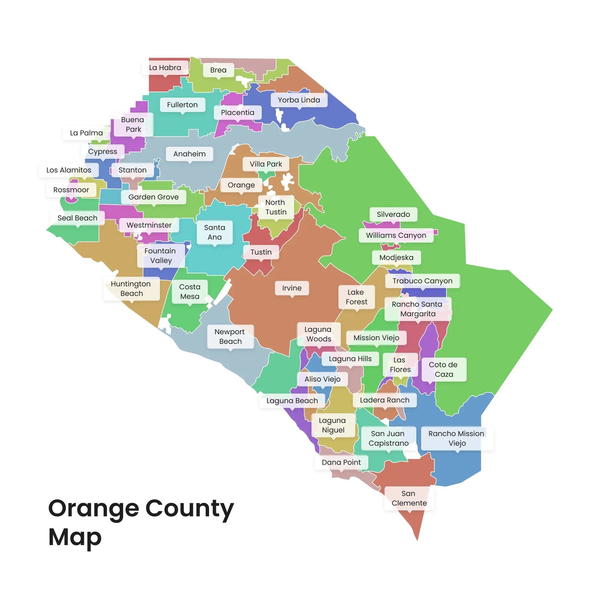 Colorful labeled map of Orange County with city boundaries and names on a white background