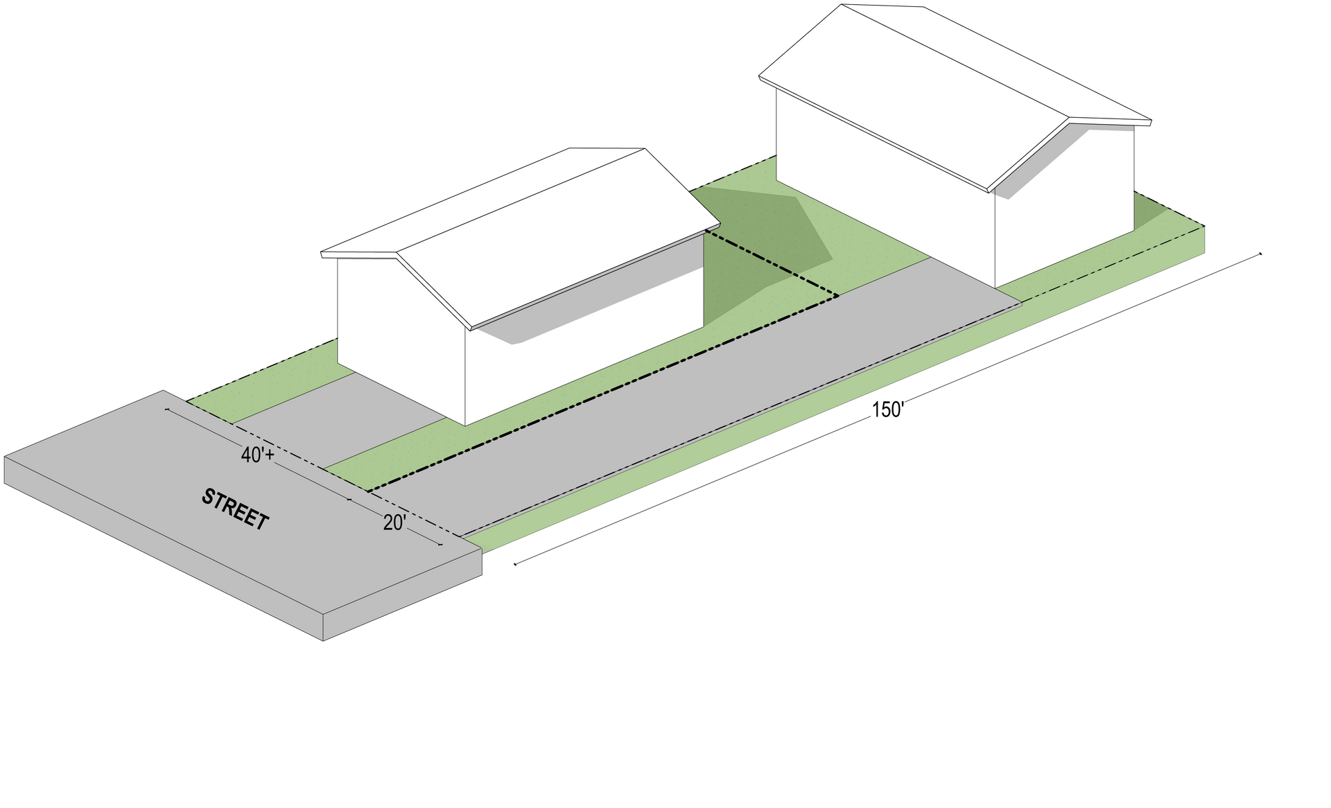 Isometric site plan of two white houses beside a gray driveway and green lawn strip