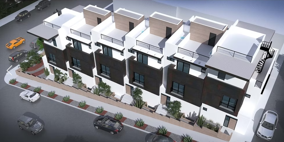 A modern, angular, commercial building.