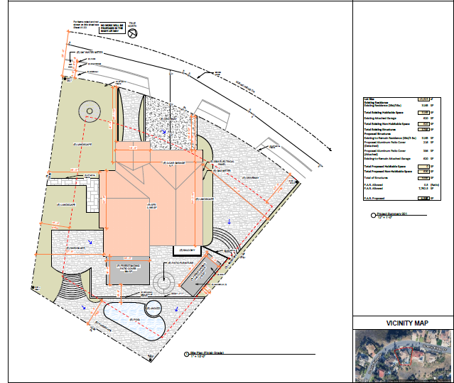Site plan drawing of a house lot with highlighted building footprint, driveways, and landscaping areas.