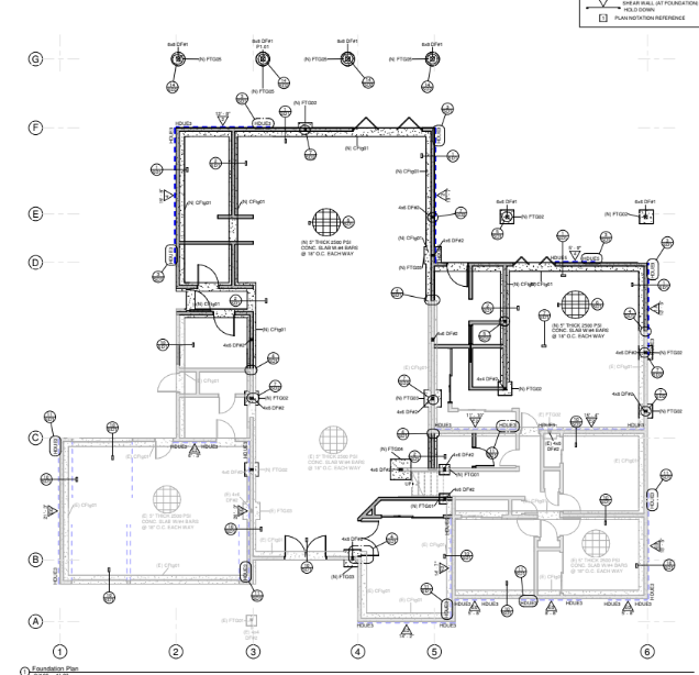 Architectural floor plan with room outlines, dimensions, and structural annotations in black and white.