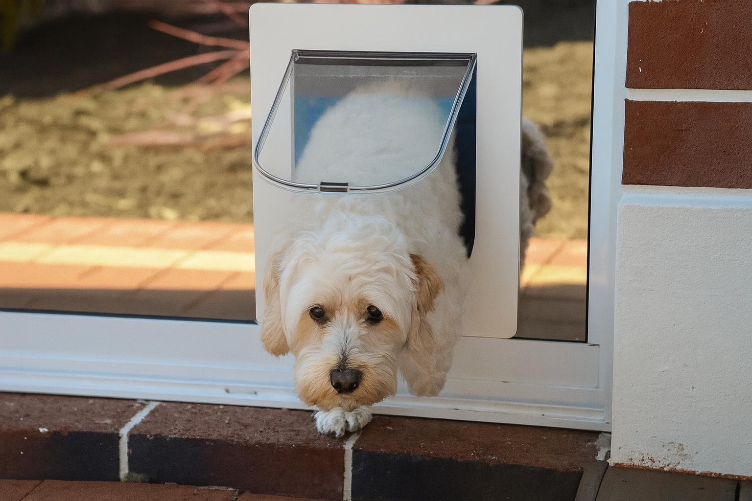 A Door With A Cat Door In It Is Open To A Backyard — Screen Factory In Ocean Shores, NSW