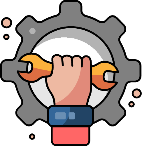 Hand holding a wrench in front of a gear, representing repair or maintenance.