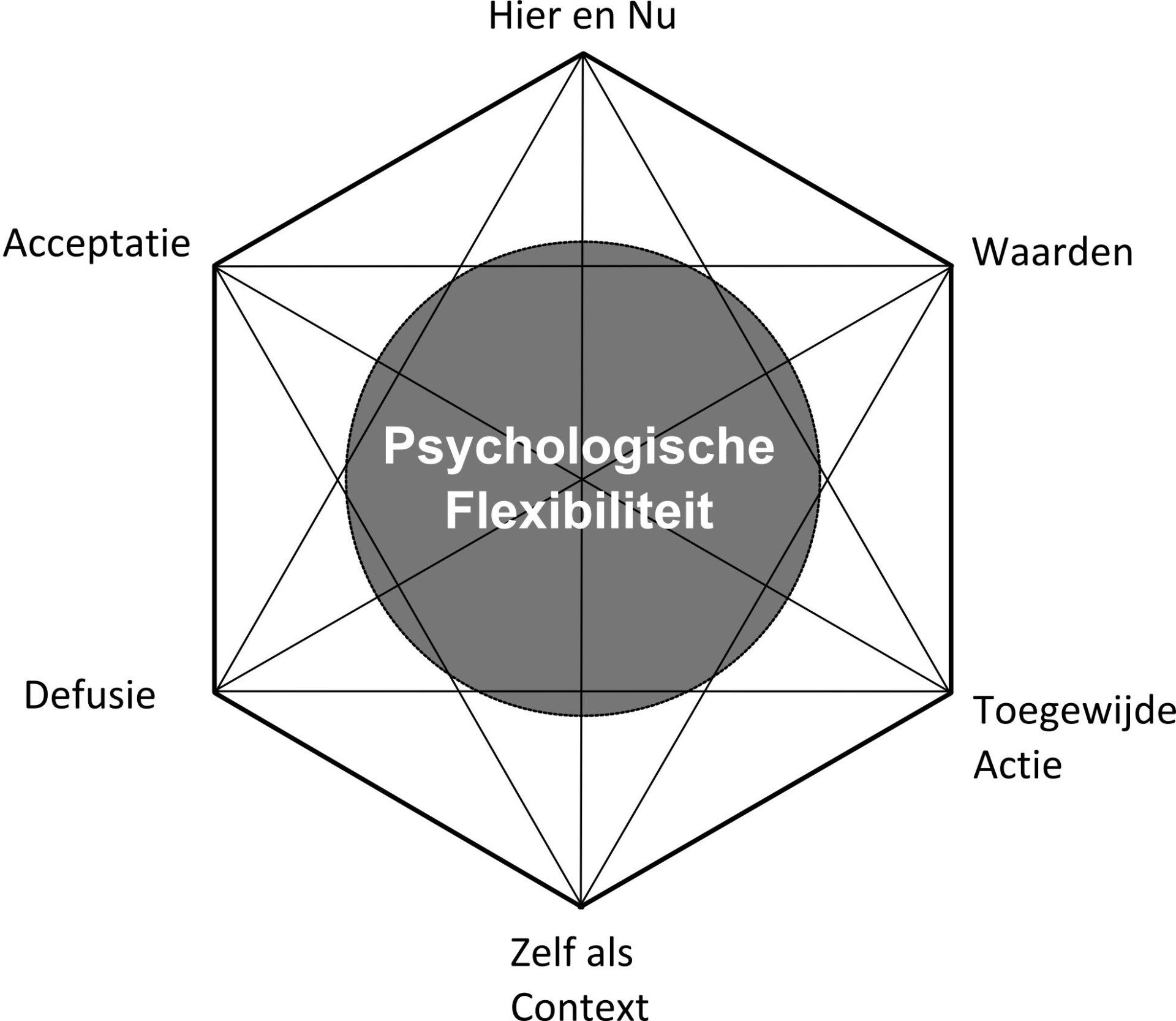 ACT hexaflex acceptatie, defusie, hier en nu, zelf als context, waarden, toegewijde actie