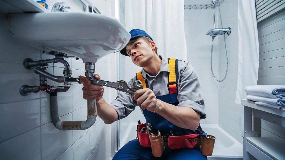 Plumber working on pipes under a bathroom sink, using a wrench.