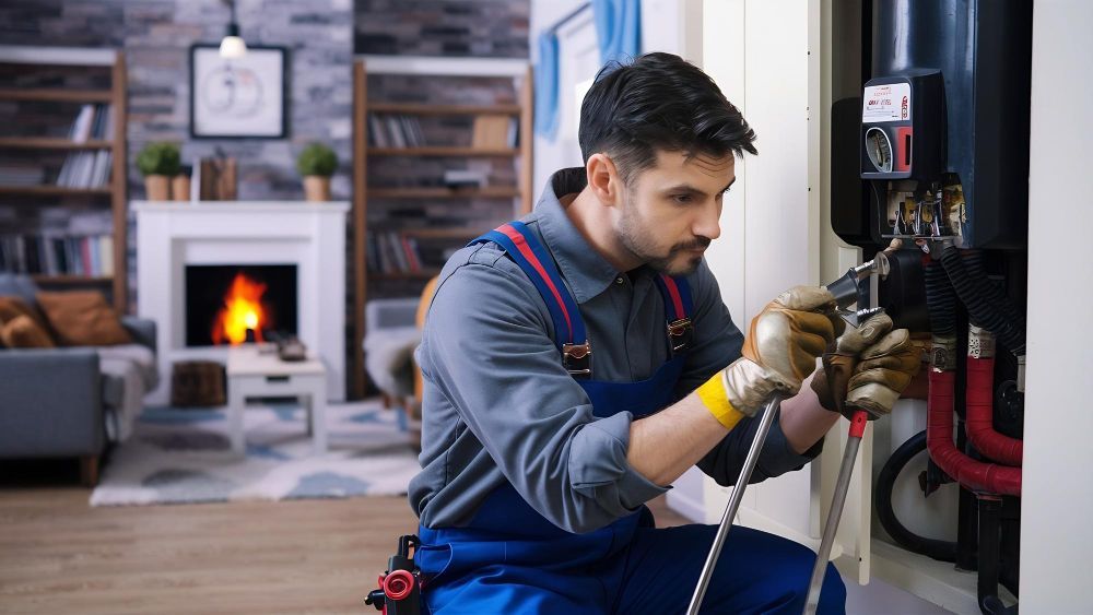 Plumber in blue overalls working on heating system, indoors. Fireplace in background.