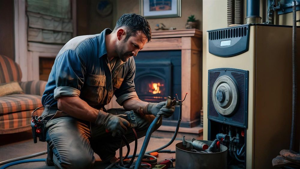 Man in work clothes repairs a furnace, kneeling indoors, next to a fireplace.