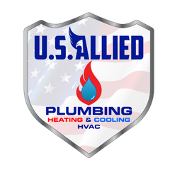Logo for U.S. Allied: blue and red, flame icon above text "U.S. Allied - Plumbing, Heating, and Cooling."