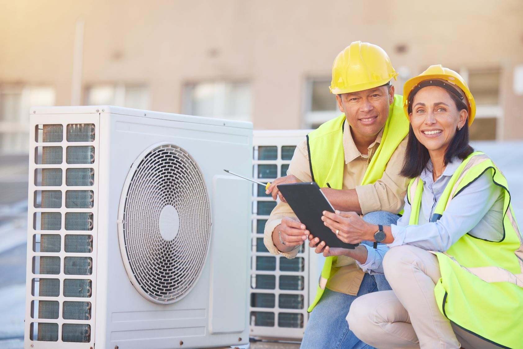 Two technicians wearing safety vests and helmets, reviewing a tablet near an AC unit.
