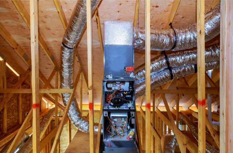HVAC unit and ductwork in an unfinished attic with wooden framing and reflective insulation.