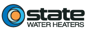 Logo for State Water Heaters, featuring a blue and orange spiral design and the text